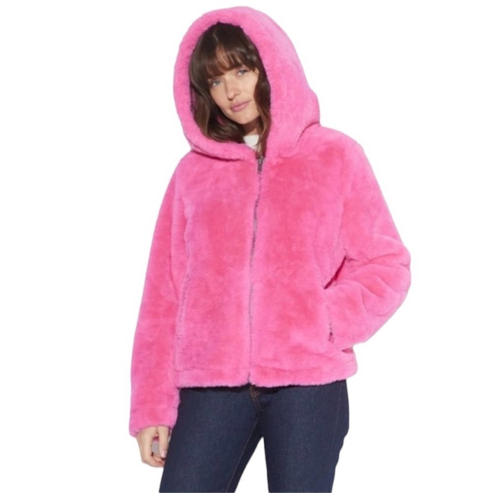 Apparis Hot Pink Faux Fur Large Hooded Zip Up Jacket Hoodie Size Medium